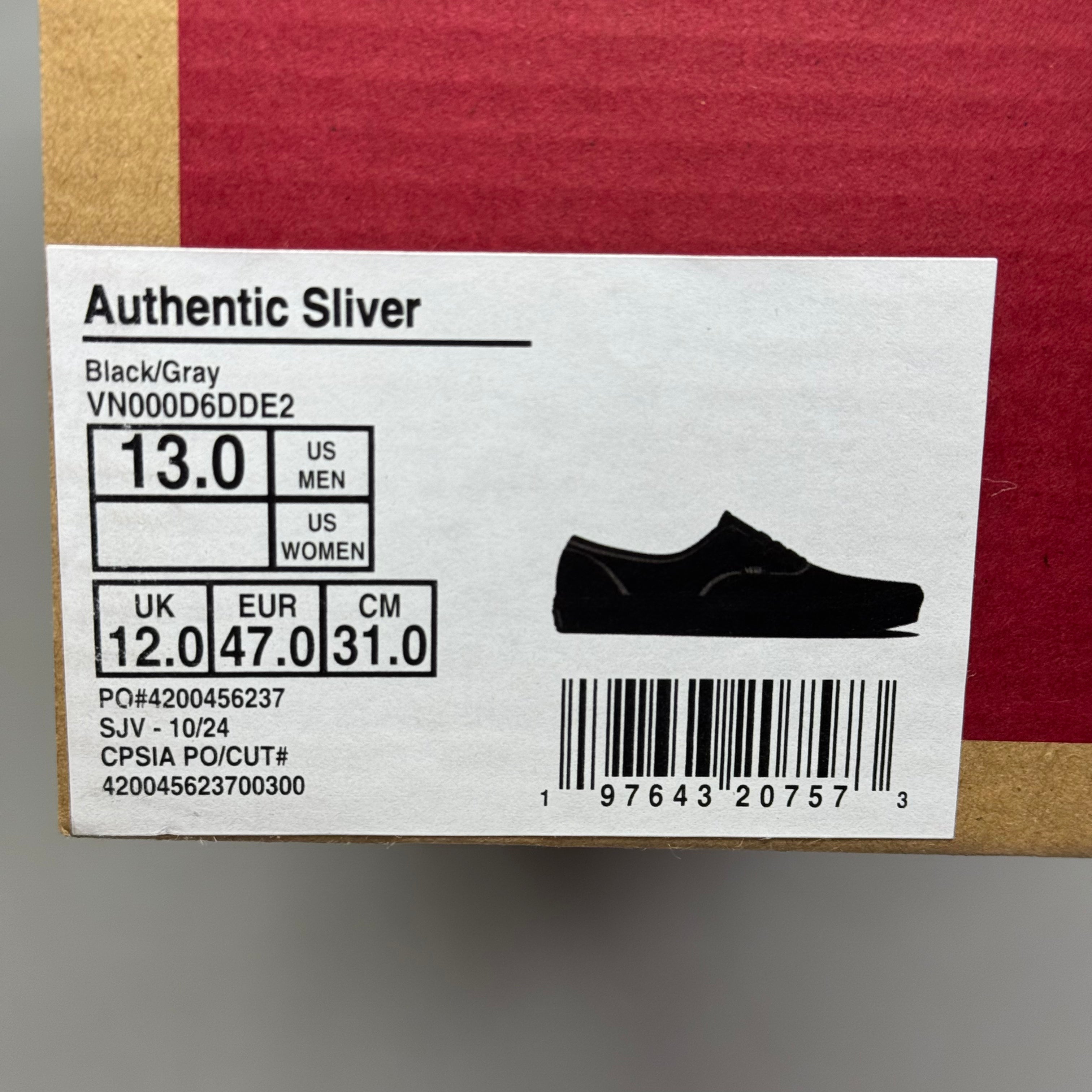 VANS Authentic Sliver Shoe Sz Men's 13.0 Black/Gray VN000D6DDE2