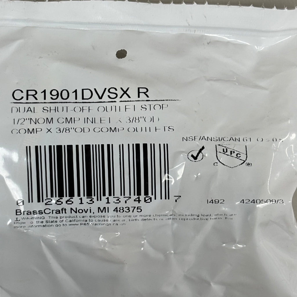 BRASSCRAFT  Dual Shut Off Outlet Stop 1/2" NOm CMP In X 3/8" OD COMP CR1901DVSXR