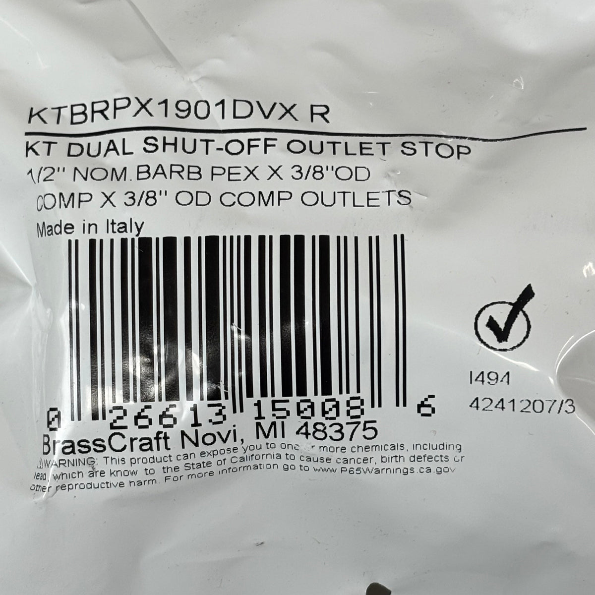 BRASS CRAFT KT Dual Shut-Off Outlet Stop  1/2" NOM 3/8" OD KTBRPX1901DVXR
