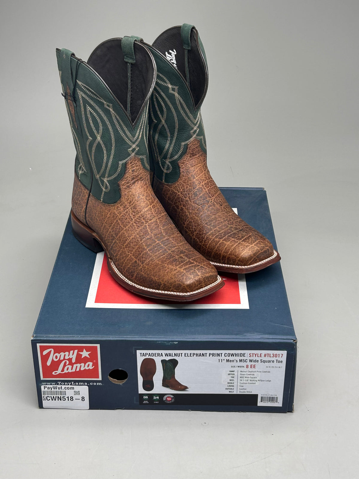 Tony Lama Tapadera Walnut Elephant Print Cowhide Style #TL317 Men's Size 8 EE