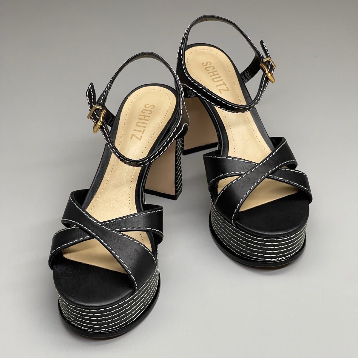 SCHUTZ Keefa Casual Women's Leather Sandal Black Platform 4" Heel Shoes Sz 8B (New)