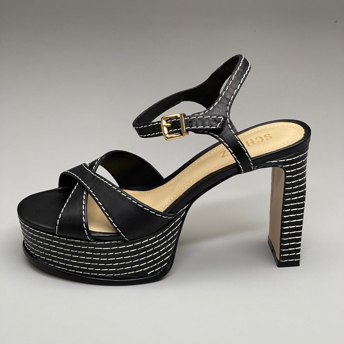 SCHUTZ Keefa Casual Women's Leather Sandal Black Platform 4" Heel Shoes Sz 7B (New)