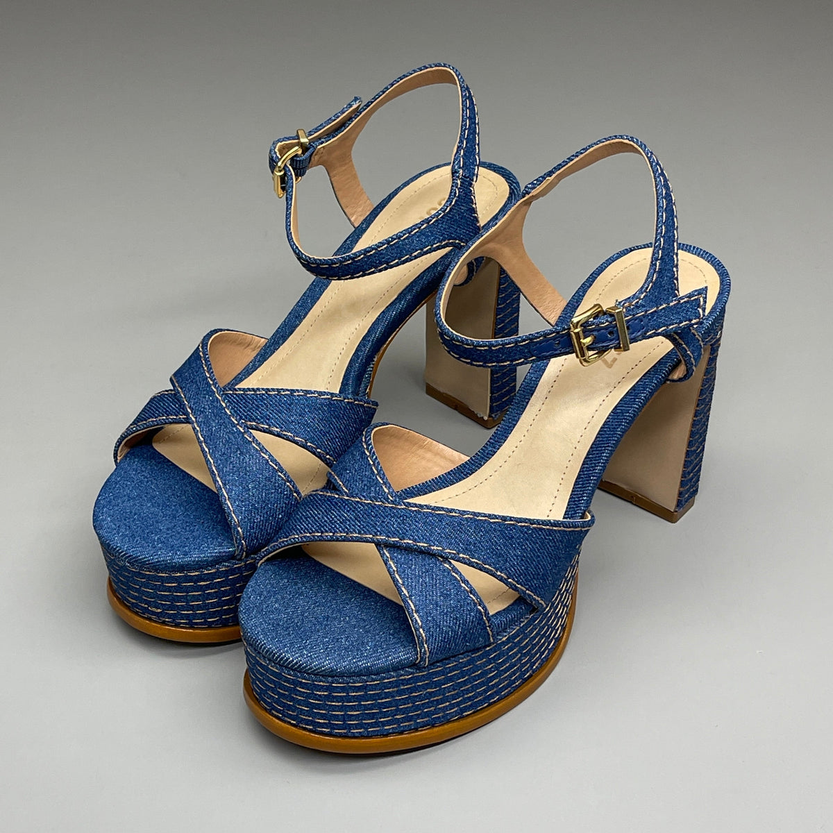 SCHUTZ Keefa Casual Denim Women's 4" Heeled Sandal Platform Blue Sz 7B(New)