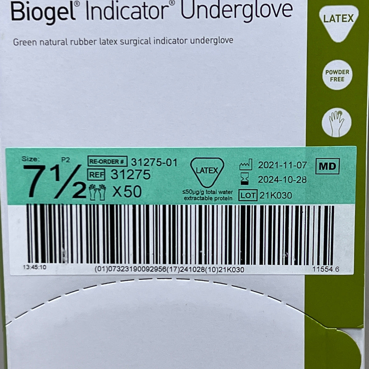 MOLNLYCKE Biogel Latex Surgical Indicator Underglove SZ 7.5 Green 50 Pairs 31275 (New)