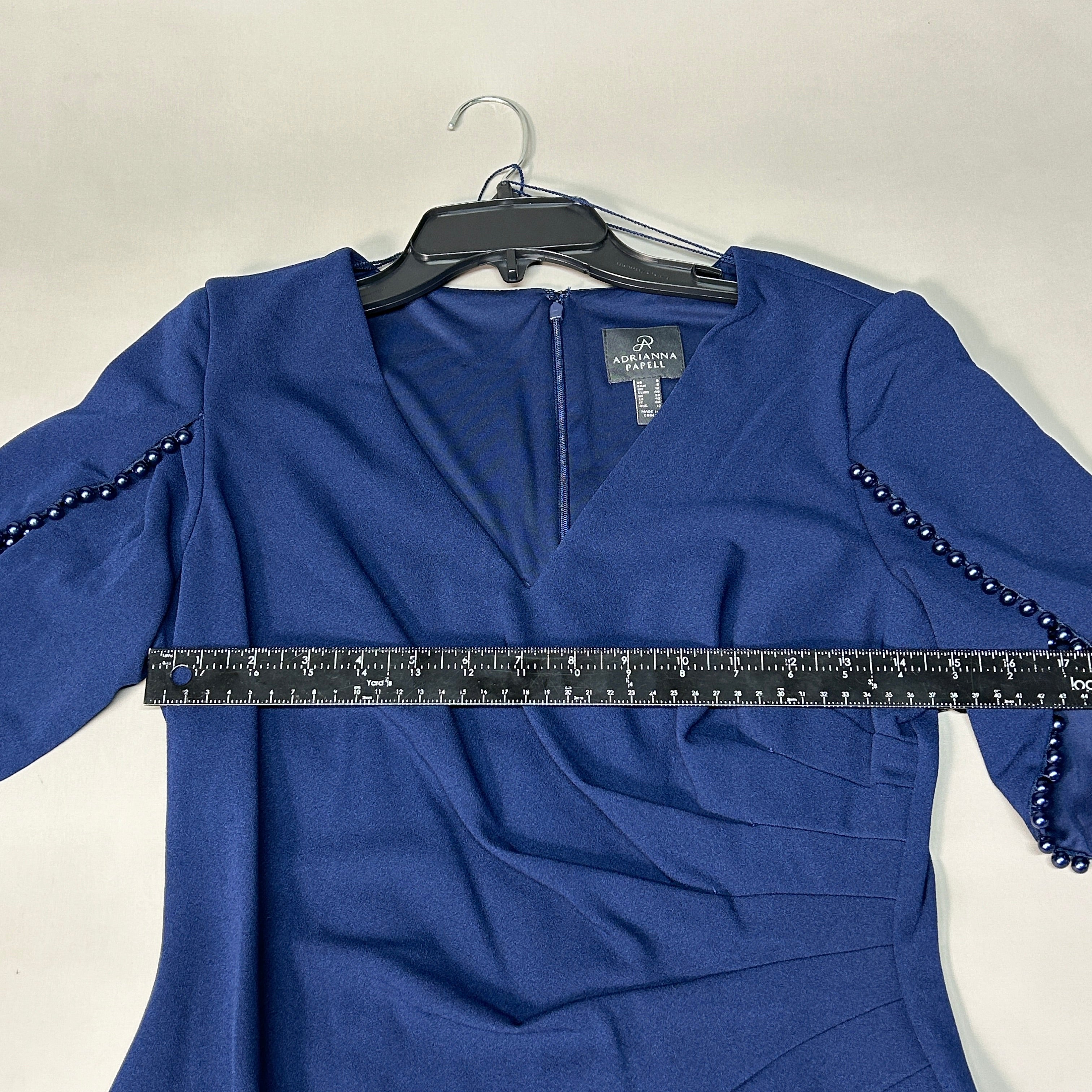 ADRIANNA PAPELL Knit Crepe Pearl Trim Navy Size 8 (New)