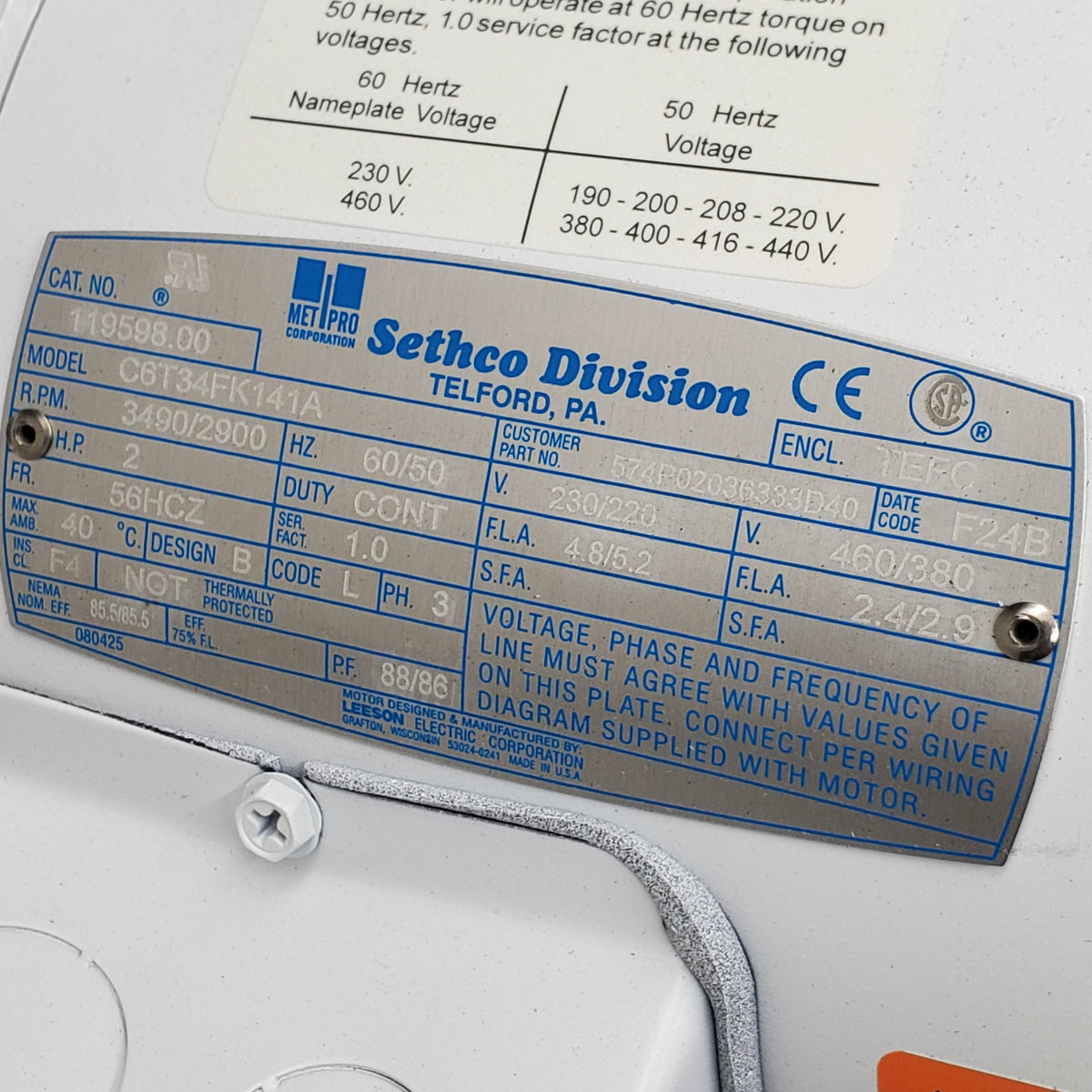 LEESON 3 Phase Continuous Motor 60/50 Hz 5/8" Shaft 2HP White C6T34FK141A
